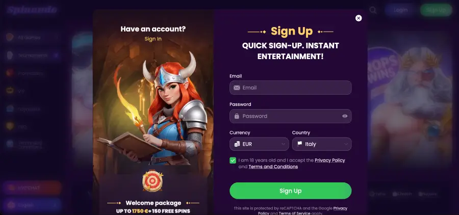 Spinando Casino registration screen