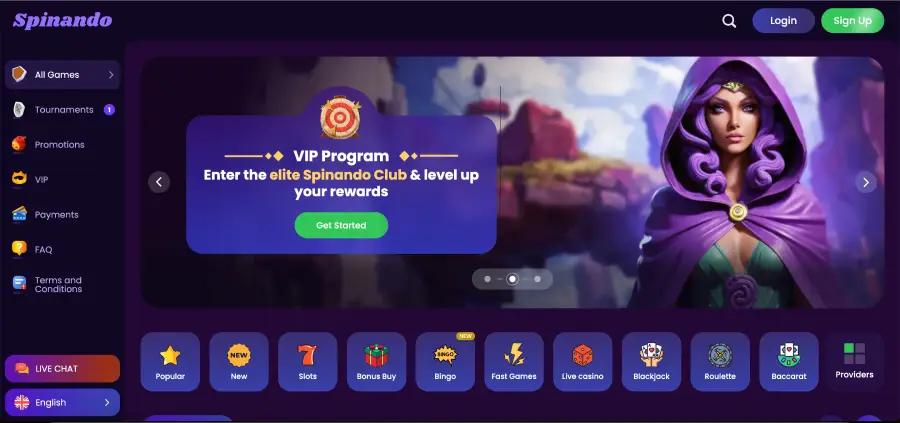 Spinando Casino official website with welcome bonus